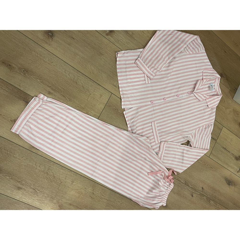 Global Women Pink White Striped 100% Cotton Pajama Set Button Front Sleepwear L